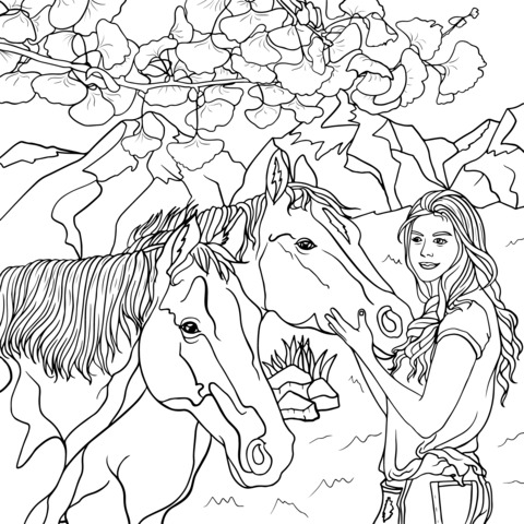 Página para colorir de uma mulher e dois cavalos em uma paisagem ao ar livre