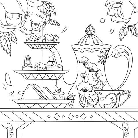 Afternoon Tea - themed Coloring Page: Teapot and Three - tiered Stand