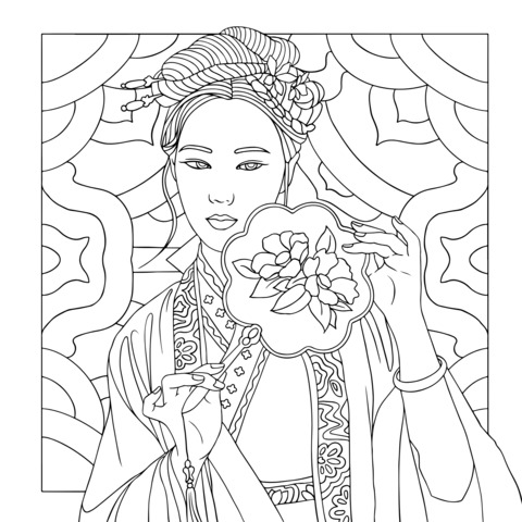 Coloring Page of a Classical Woman Holding a Fan