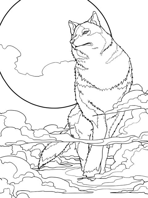 Dreamy Wolf under Moonlight Coloring Page