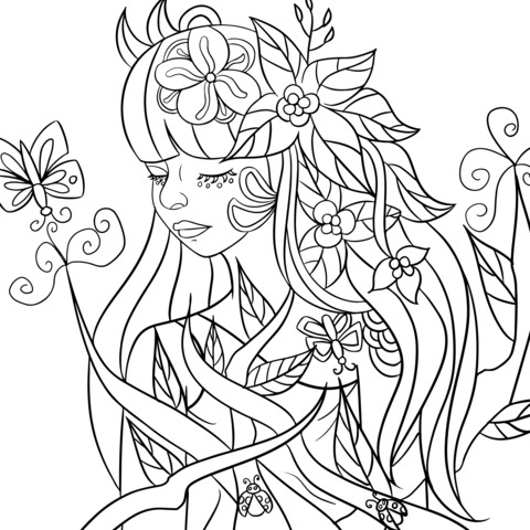 Fantasy Flower - themed Girl Coloring Page