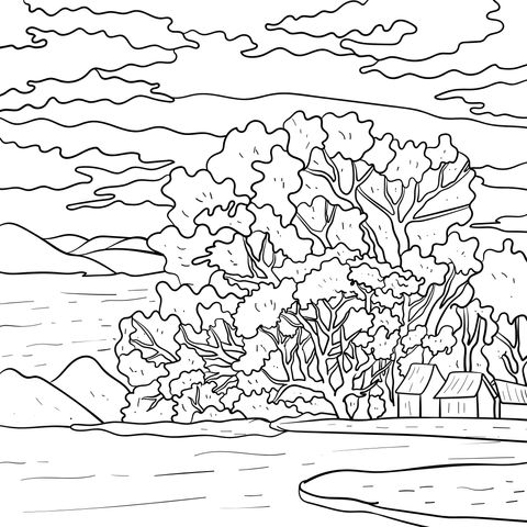 Autumn Lakeside Scenery Coloring Page