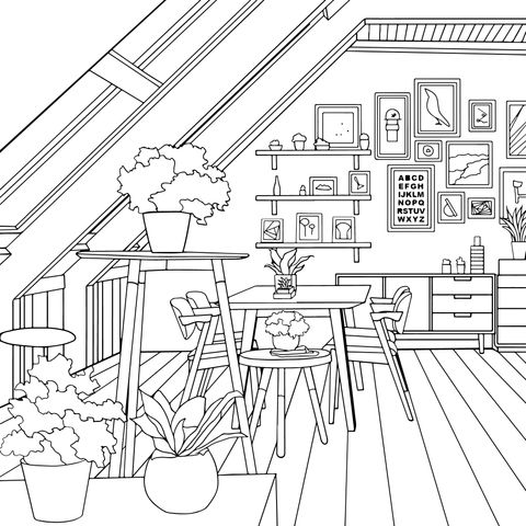 Cozy Attic Room Coloring Page