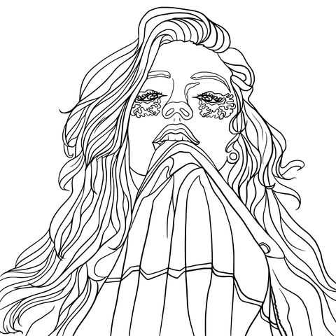 Fashionable Woman Coloring Page: The Charming Pose with Long Hair Covering the Face