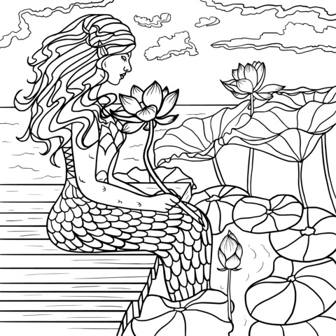 Página para Colorear de Sirena Admirando Lirios de Agua