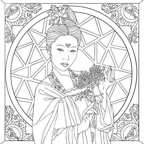 Ancient - dressed woman holding flowers