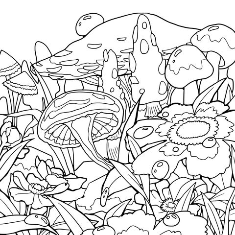 Fantasy Mushroom and Flower Coloring Page