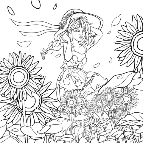 Girl in Sunflower Field Illustration Coloring Page