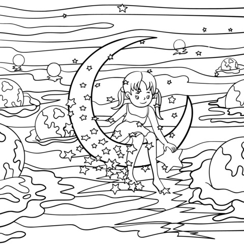 Dreamy Moon - night Girl Coloring Page