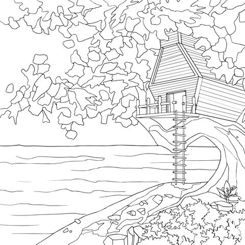 Tree - house on a Lakeside Tree Coloring Page