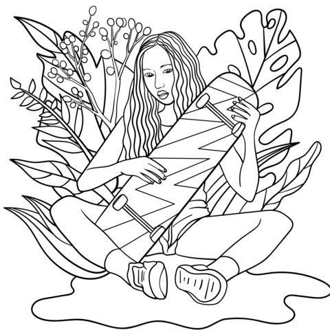 Coloring Page of a Girl Holding a Skateboard