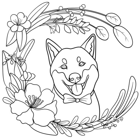 花輪の中の柴犬の塗り絵ページ