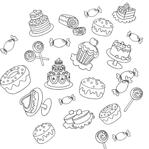 Colorful Dessert Coloring Page: The Sweet World of Cakes and Candies