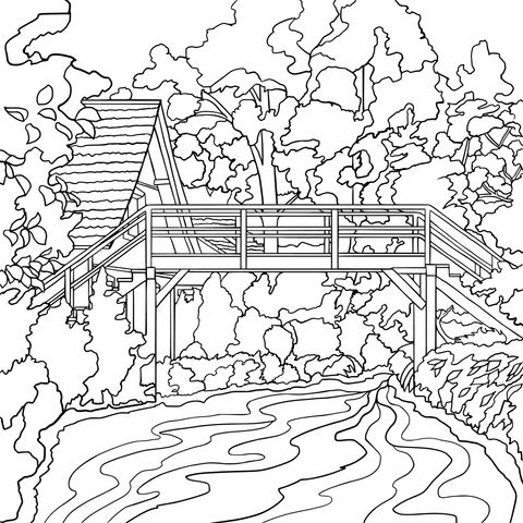 Tree - House in the Forest Coloring Page