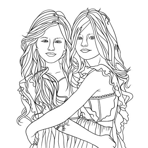 Coloring Page of Two Long - Haired Girls Hugging