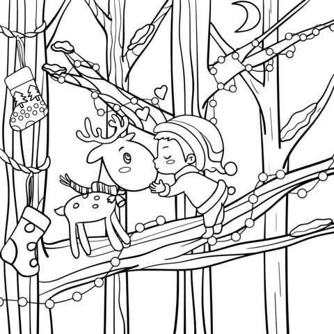 Heart - warming Coloring Page of a Little Girl and a Fawn on Christmas Night