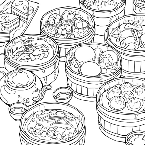 Chinese Dim - Sum Coloring Page: A Visual Feast of Diverse Delicacies