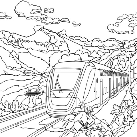 Página para colorir de um trem nas montanhas