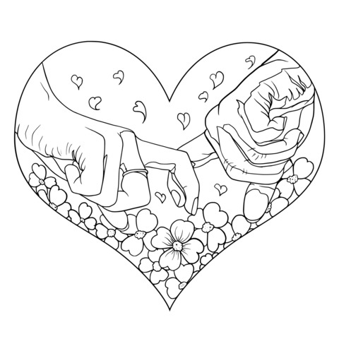 Romantic Heart - Shaped Coloring Page of Lovers' Fingers Interlocked