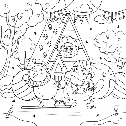 Winter Snowmen and Cabin Coloring Page