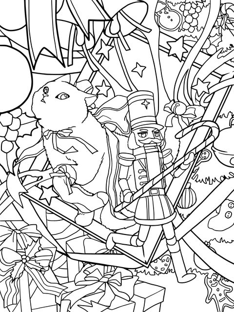 Nutcracker and Cat Christmas - themed Coloring Page