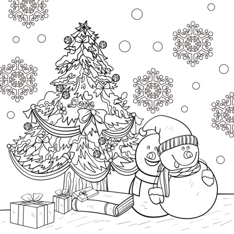 Christmas - themed Coloring Page: Christmas Tree and Snowmen