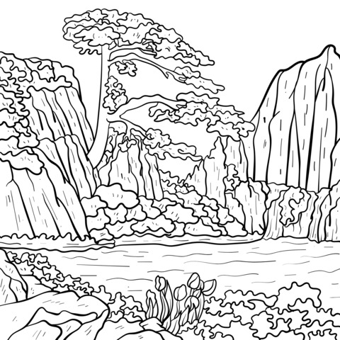 美しい山水風景の塗り絵ページ