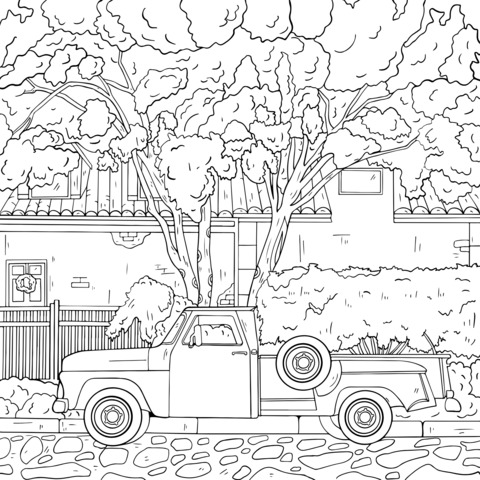 Autumn Courtyard and Truck Coloring Page