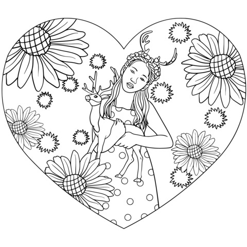 Coloring Page of a Girl and a Fawn with a Heart - shaped Background