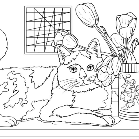 Cat and Tulips Coloring Page