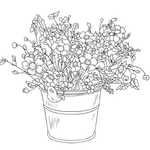 Coloring Page of a Flower - filled Bucket Illustration