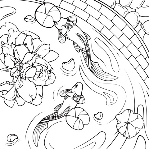 Koi Fish and Lotus Coloring Page