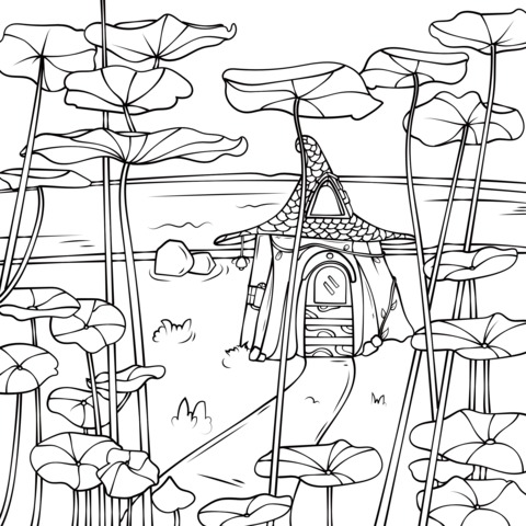 Coloring Page of a House Surrounded by Lotus Leaves