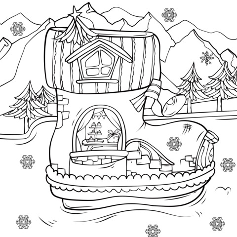 Christmas - themed Boot - shaped House Coloring Page