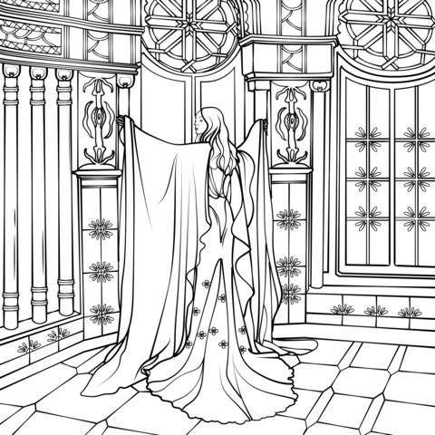 Coloring Page of a Woman in an Ancient - style Long Dress by the Window