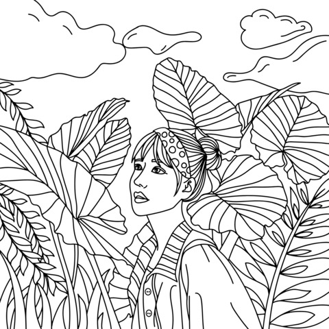 Fashionable Girl Coloring Page among Tropical Plants