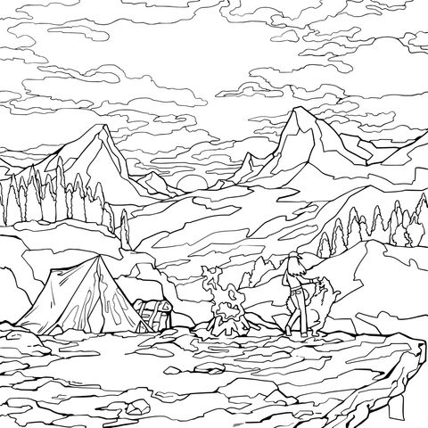 Outdoor Camping Scenery Coloring Page