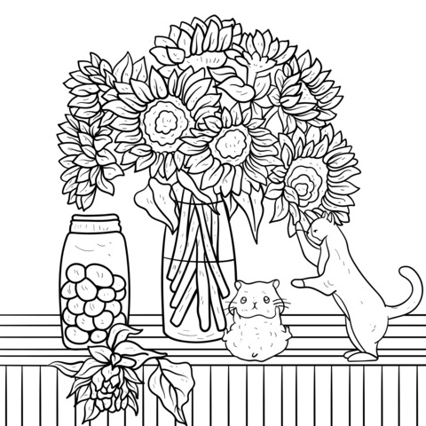 Adorable Animals and Sunflowers Coloring Page