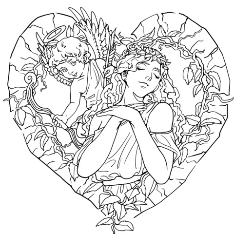 Cupid and Maiden Heart - themed Coloring Page