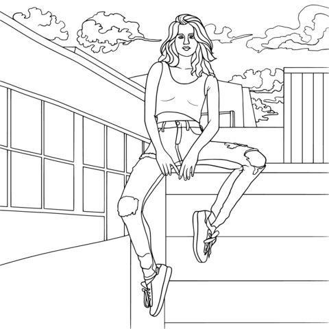 Coloring Page of a Stylish Girl Sitting on a Rooftop