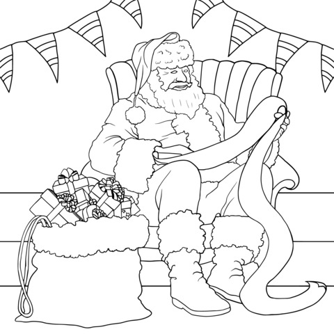 Santa Claus Sitting on a Chair and Checking a List Coloring Page