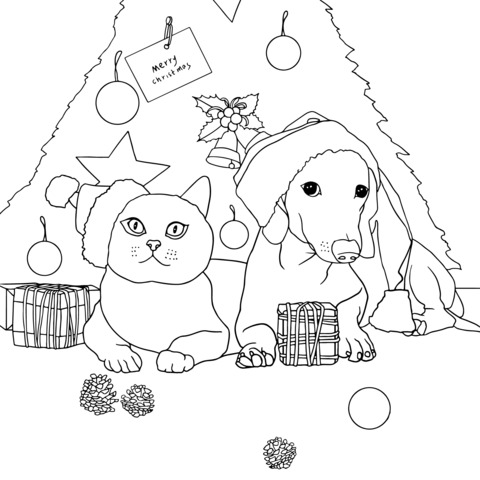 Coloring Page of a Cat and a Dog under the Christmas Tree