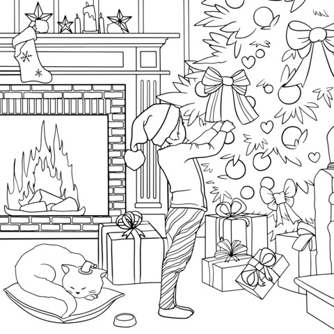 Heart - warming Christmas scene coloring page of a child decorating a Christmas tree