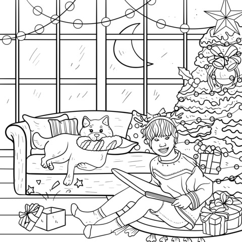 Cozy Christmas Night Scene Coloring Page