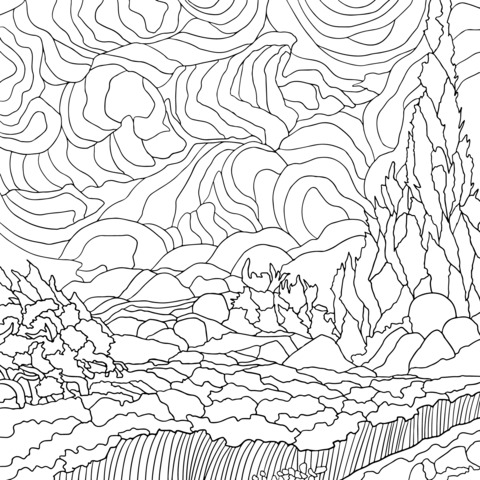 Scenic Coloring Page: Dreamy Mountains, Forests and Sky