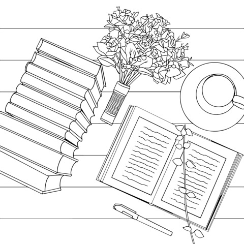 Página para Colorear del Tiempo Tranquilo con Libros, Flores y Café