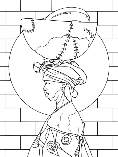 Coloring Page of an African Woman Carrying Fruits on Her Head