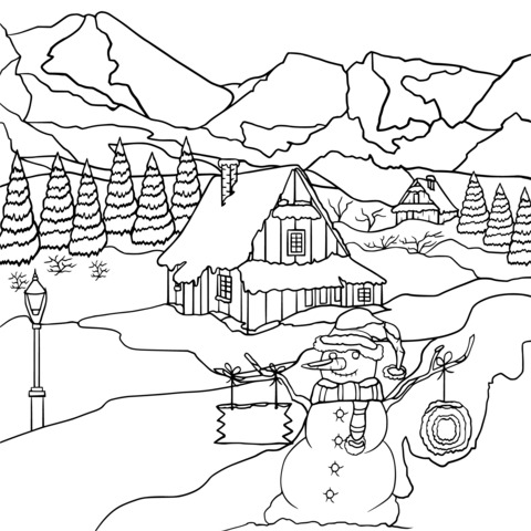 Página para colorear de escena de nieve de invierno: Muñeco de nieve adorable, casa acogedora y bosque tranquilo