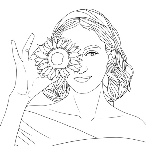 Página de Colorear de una Hermosa Mujer Sosteniendo una Girasol