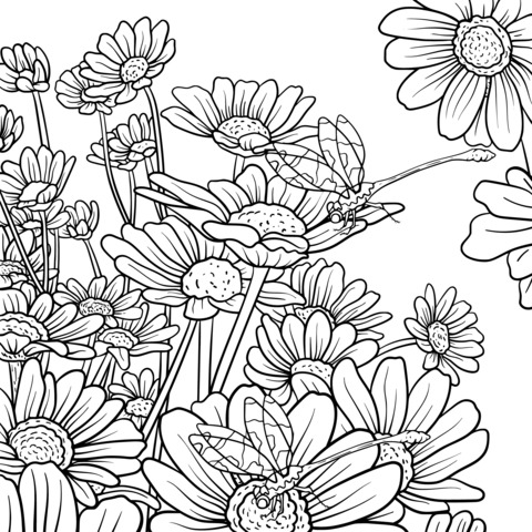 Colorful Flowers and Dragonflies Coloring Page